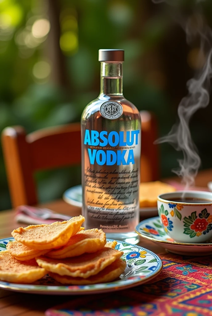 The bottle of absolut vodka on a table with typical Colombian food and a tray of arepas and coffee