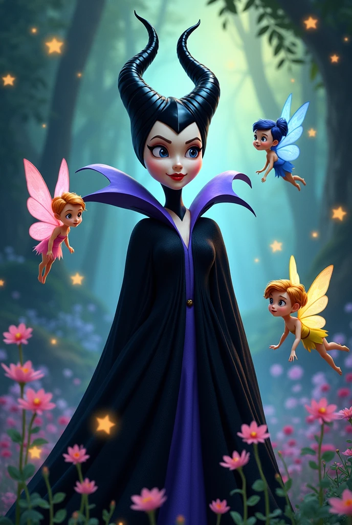 Create a Disney style cover featuring Maleficent and three little human fairies