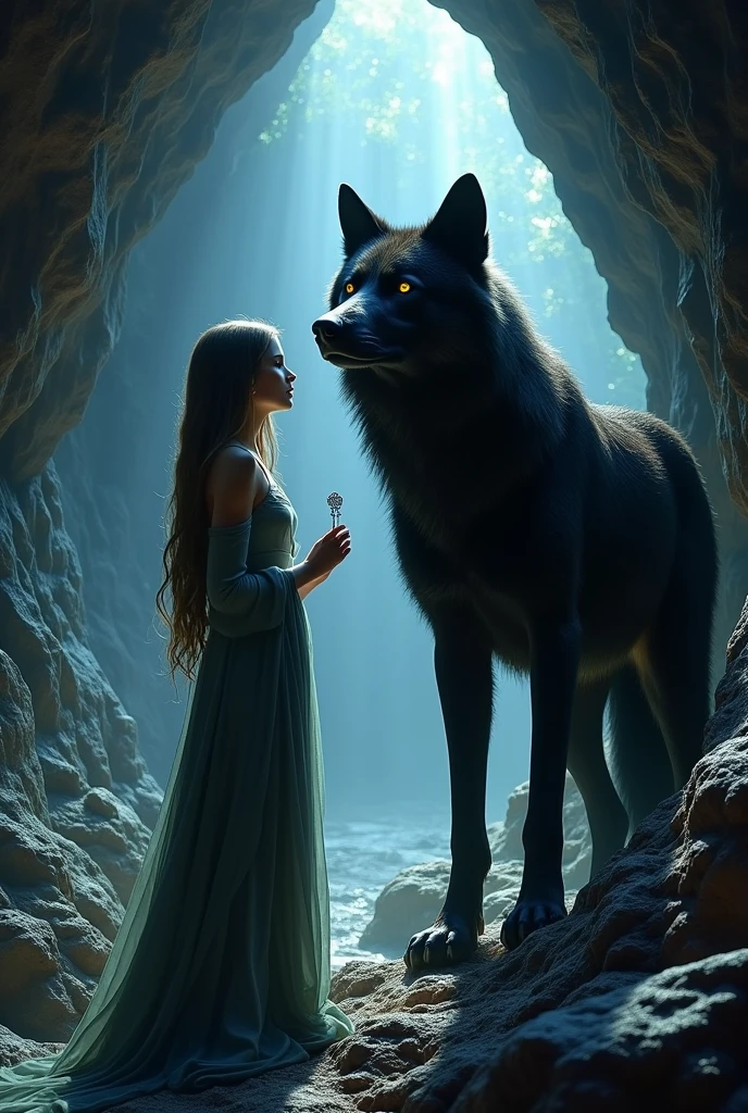 A tall girl in a cave with a big black wolf