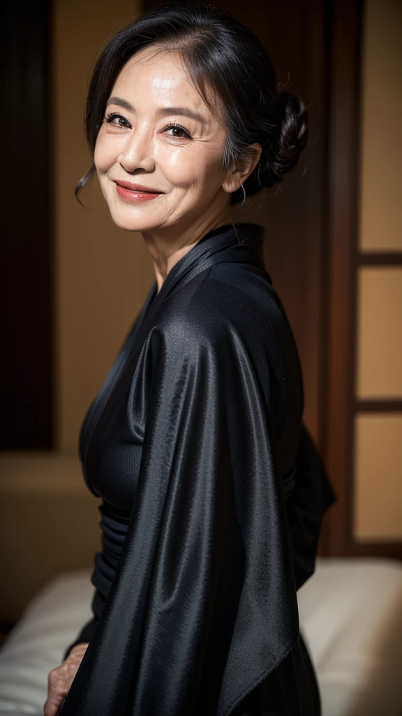 (masterpiece:1.4),(68-year-old woman:1.5),(facial wrinkles 1.2),Captivating smile, (Updo : 1.1), (Wearing a black kimono), Motherhood Mature Woman