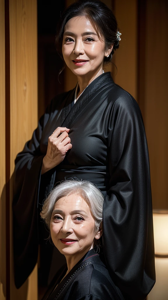 (masterpiece:1.4),(68-year-old woman:1.5),(facial wrinkles 1.2),Captivating smile, (Updo : 1.1), (Wearing a black kimono), Motherhood Mature Woman
