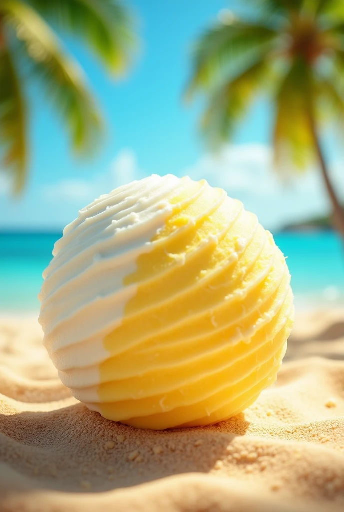 generates a smooth circular shaped natural fruit ice cream ball, Coconut and pineapple flavor, that is of two colors white and yellow mix them a little