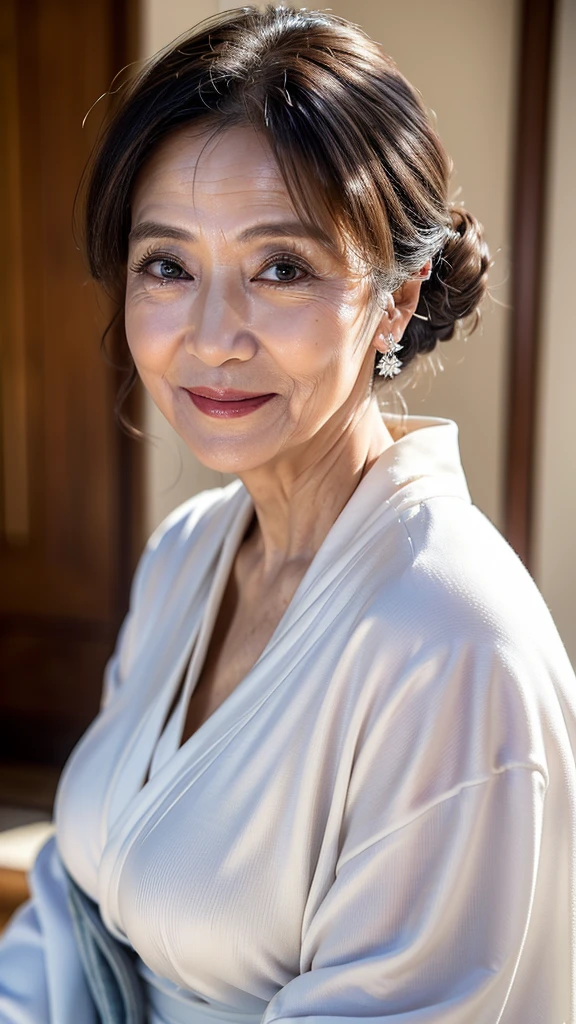 (masterpiece:1.4),(68-year-old woman:1.5),(facial wrinkles 1.2),Captivating smile, (Updo : 1.1), (Wearing a white kimono), Motherhood Mature Woman