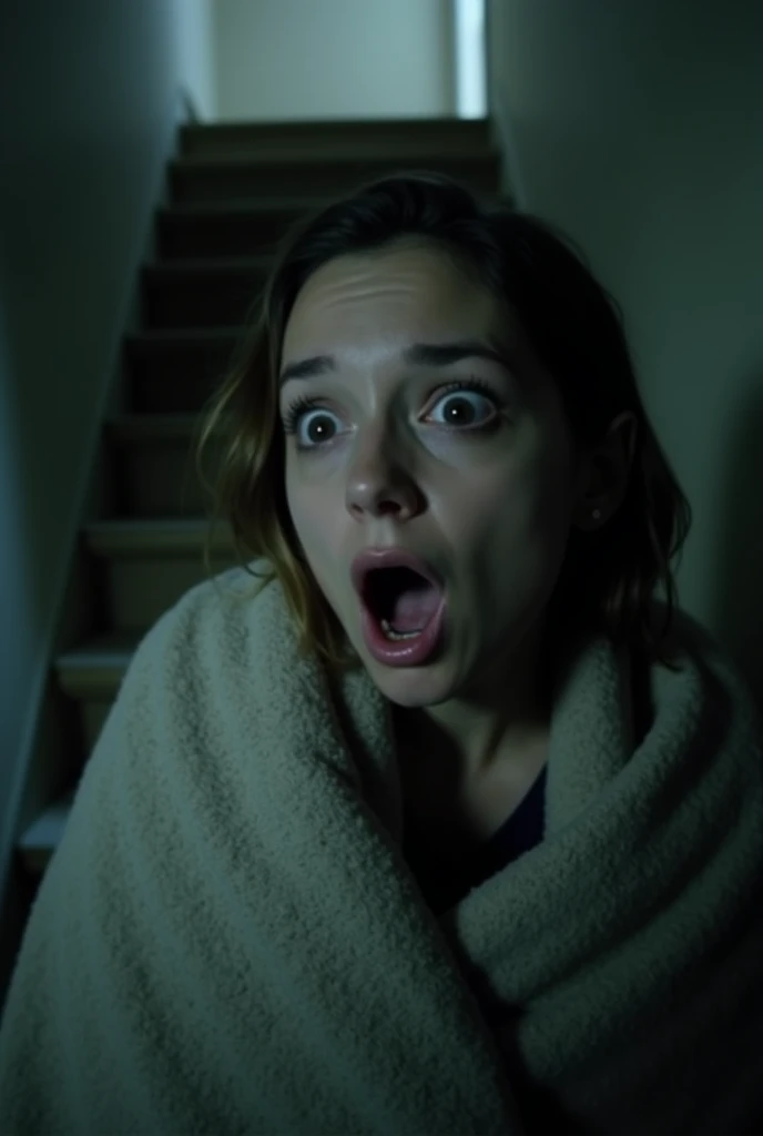 A close-up of Jamie’s face, showing her wide, terrified eyes and mouth slightly open in fear. The blanket is pulled tightly around her as she stares in horror towards the staircase.