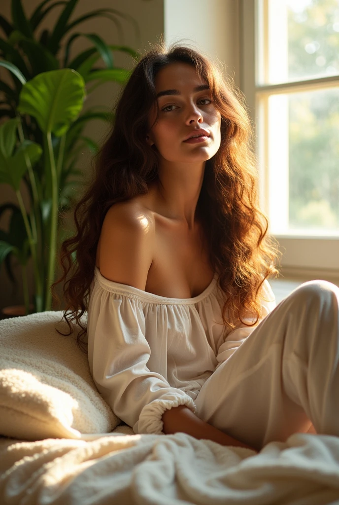 (photorealism:1.2), beautiful woman, sitting on bed, wearing loose off-shoulder top, pajama pants, long curly hair, indoors, soft lighting, plants in background, window with sunlight, cozy room, relaxed pose, realistic, intricate details, warm colors, by Greg Rutkowski, by Alphonse Mucha