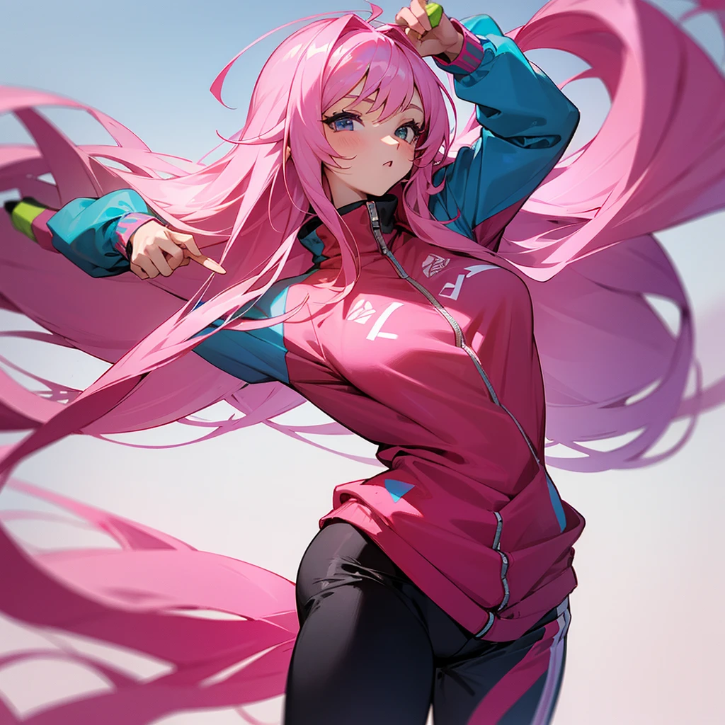 Girl with straight long pink hair and in a track suit