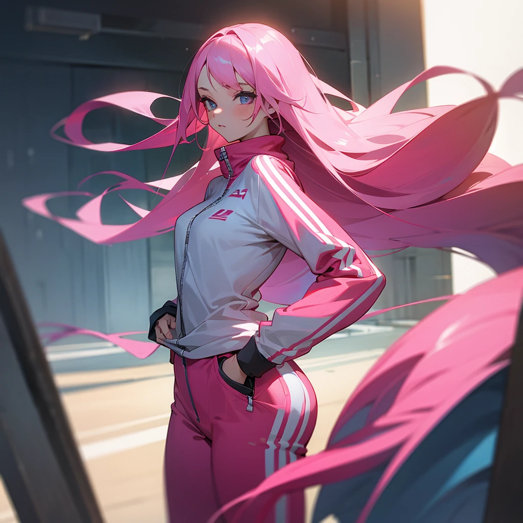 Girl with straight long pink hair and in a track suit