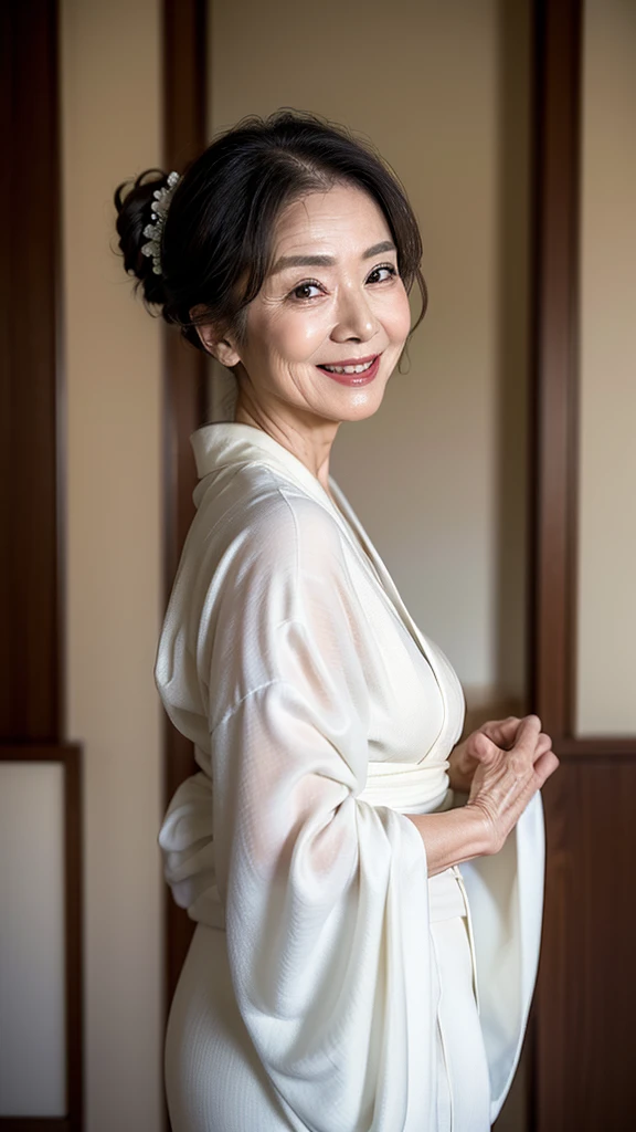 (masterpiece:1.4),(68-year-old woman:1.5),(facial wrinkles 1.2),Captivating smile, (Updo : 1.1), (Wearing a white kimono), Motherhood Mature Woman