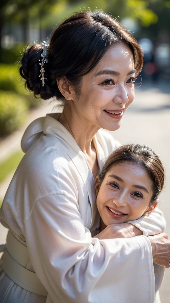 (masterpiece:1.4),(68-year-old woman:1.5),(facial wrinkles 1.2),Captivating smile, (Updo : 1.1), (Wearing a white kimono), Motherhood Mature Woman