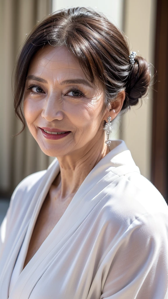 (masterpiece:1.4),(68-year-old woman:1.5),(facial wrinkles 1.2),Captivating smile, (Updo : 1.1), (Wearing a white kimono), Motherhood Mature Woman