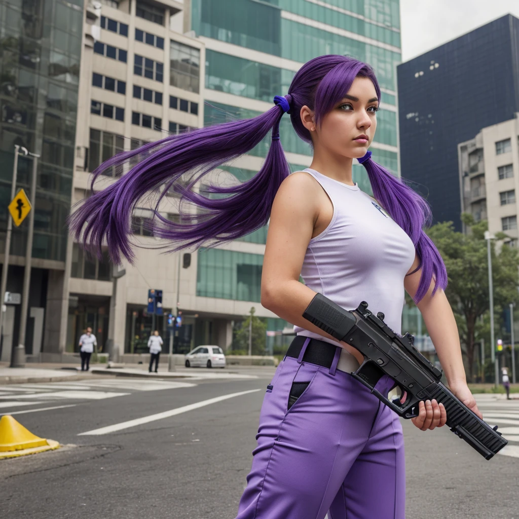 Futurama, Leela. Generar hiper realismo. 27 year old girl in a futuristic environment. De un solo ojo, cabello violeta, camisa sin mangas color blanco, black pants and boots. Brazalete en antebrazo derecho. Ciclope. 1 ojo.