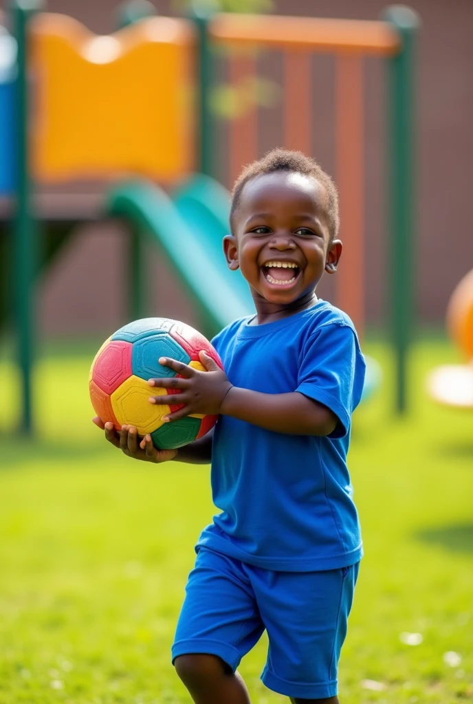3yrs old African kid carrying football wearing a royal blue shot and top