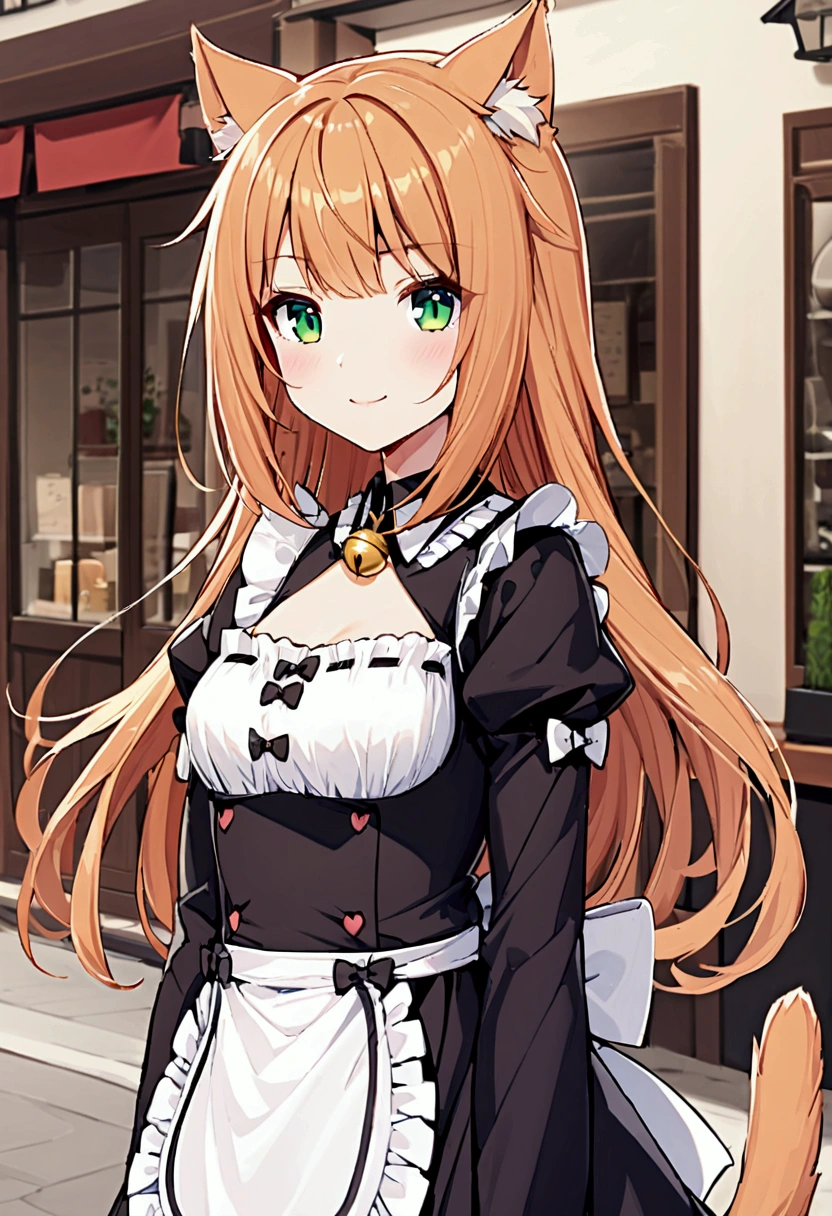 Maple, 1 girl with long ginger blonde hair, green eyes, cat ears, cat tail, maid uniform, soft smile, cafe on background, golden bell on neck