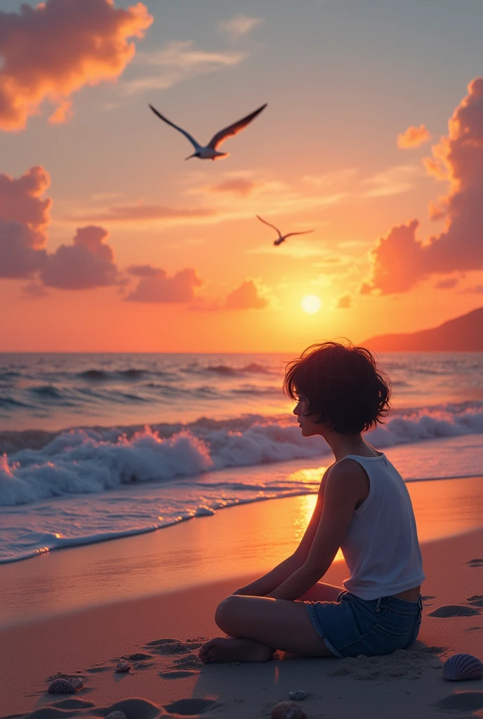 Sea sunset waves seagulls woman short hair sitting looking at the sea