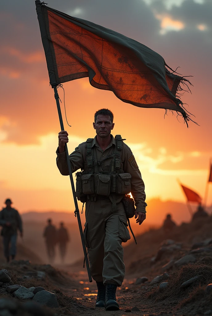 draw a picture of a soldier returning from the battlefield carrying a flag
Add some scar and blood