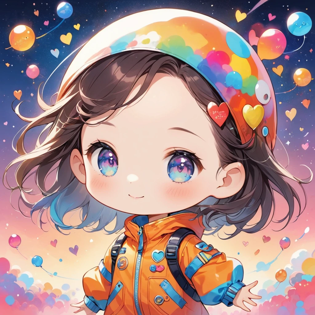 Momoko Sakura colorfull style, Simple Line Initialism，Abstract art，(((The most beautiful girl of all time))), (((chibi))), Sweet face. colorful hearts, funny design, (((happy dance))), Spacesuit, (((Cute Aliens))), The background is space