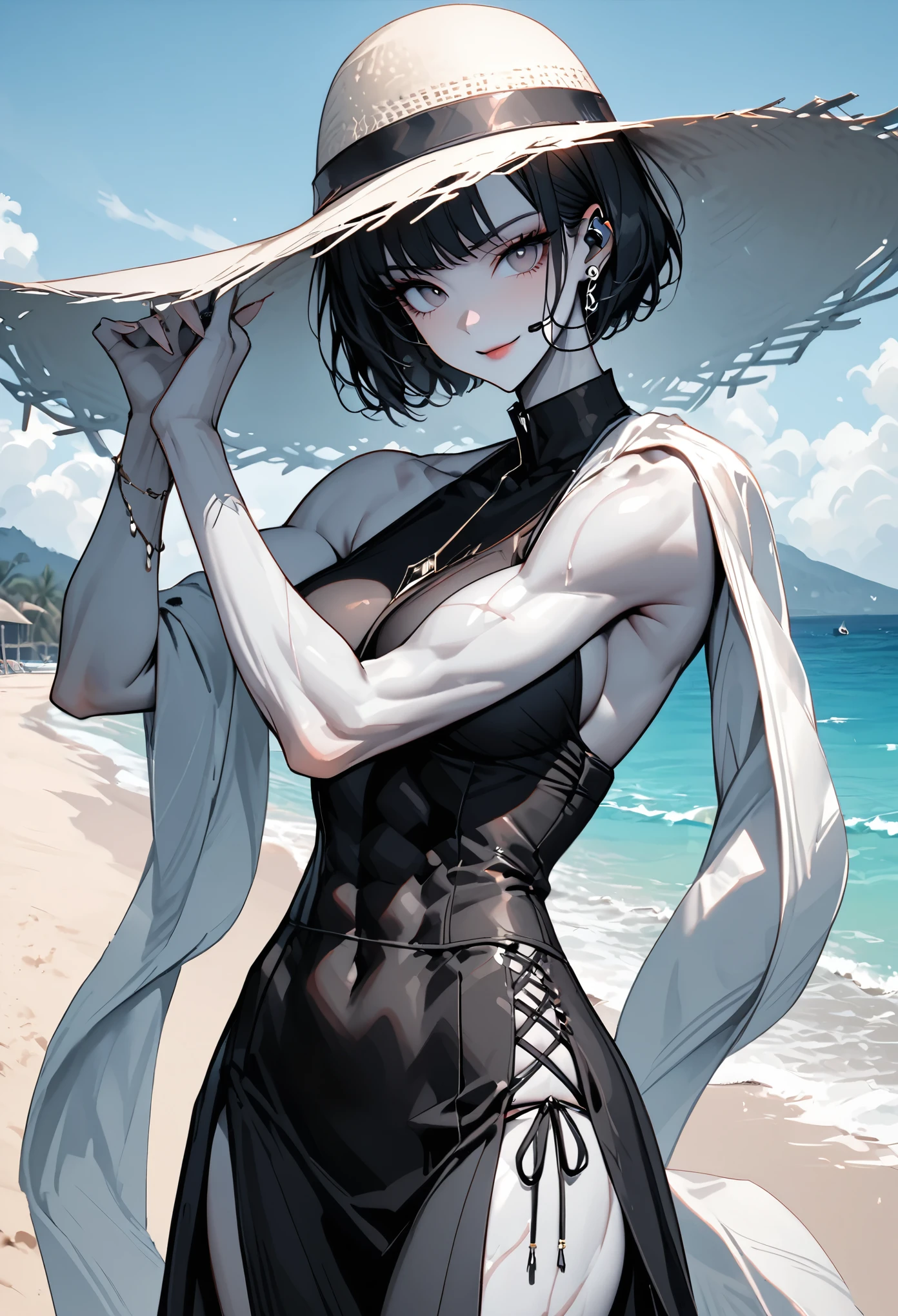 solo, female, tall, elegant, sunglasses, broad shoulders, pixie cut, black hair, pale skin, athletic, very tall, sober bikini, black clothes, small smile, luxurious beach, classy, professional, earpiece, muscular, cute pose, seams on skin, abs, shawl, white sun hat, side-tie bikini skirt, pareo, pinup pose, smooth skin, broad shoulders, thick arms, thin waist
