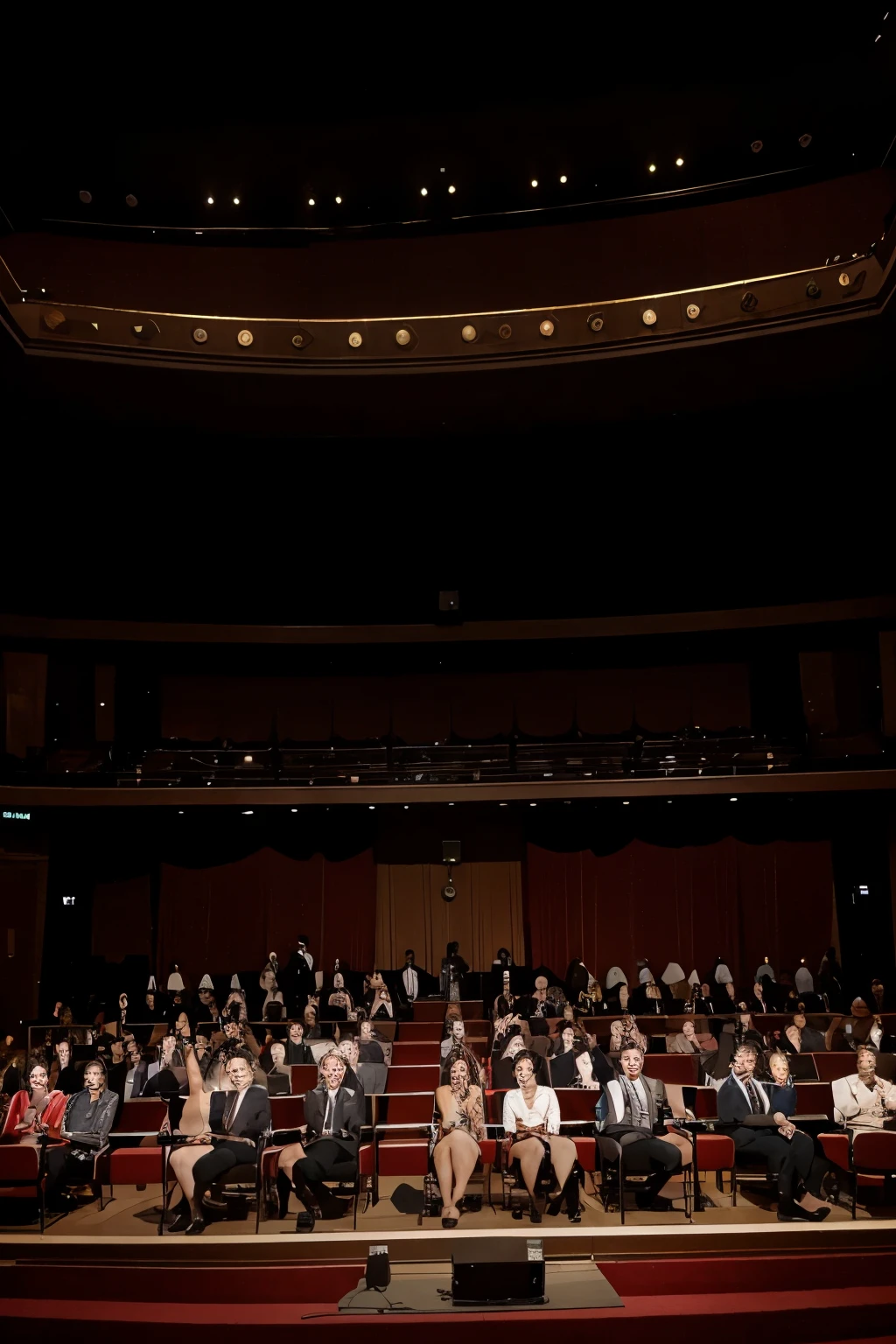From center stage in an orinate theatre looking straight out at an audience of wealthy socialites in evening wear watching intently. Some have their hands raised as if bidding in an auction.