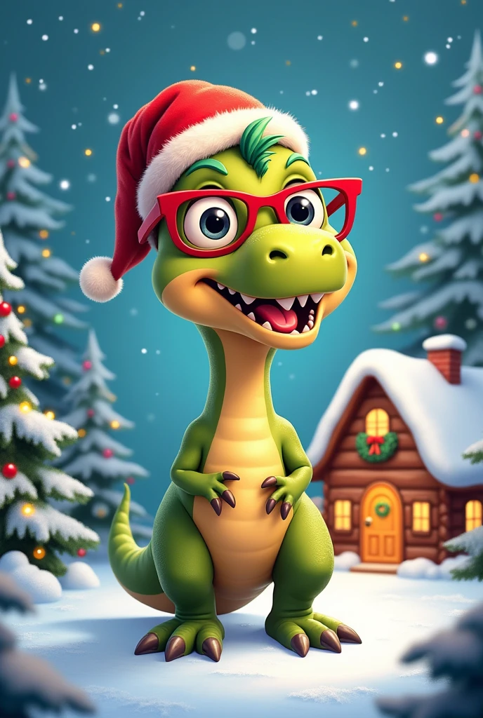 a small colorful dinosaur,with Santa hat and red glasses