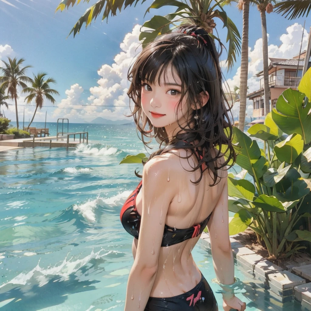 ((highest quality, masterpiece, High resolution)), ((reality)),Photos of beautiful Japanese women,((anime art))、 (((1 girl))), normal size breasts, slim body shape, long ponytail,double eyelid, Wet see-through bikini, A pareo with bold ethnic patterns and plenty of primary colors、(Brown skin:1.4),realistic skin、Wet,whole body,cinematic light、tropical、Against the background of palm trees on both sides、on a sunny beach、With the sea in the background、blur background、smile