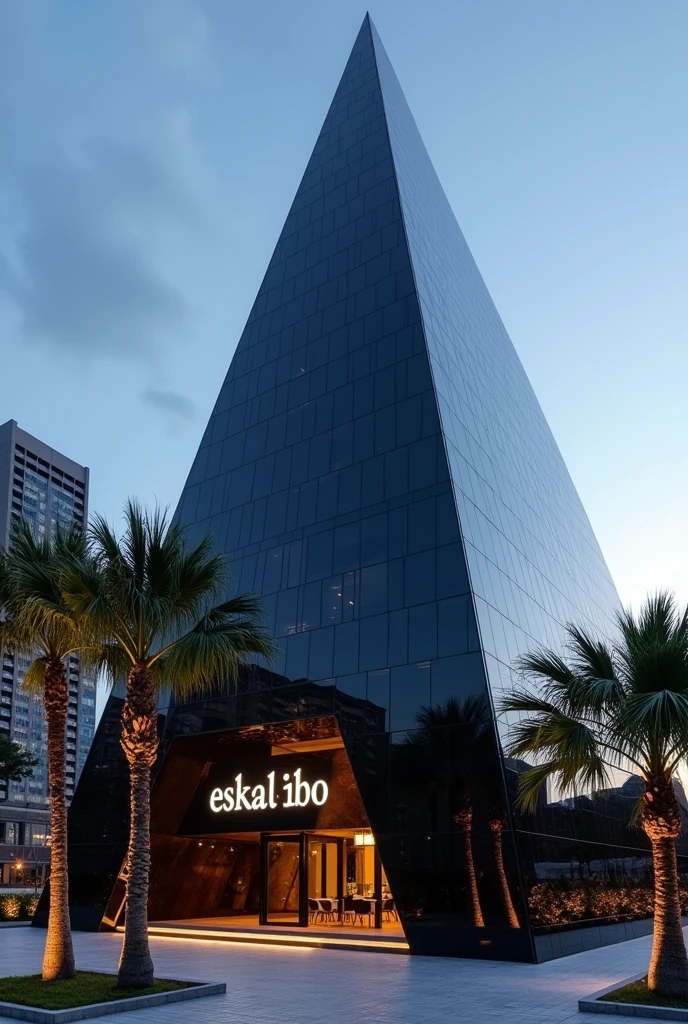 A pyramid-shaped building made entirely of black glass, written eskalibo on the front, with some palm trees and lights around the building