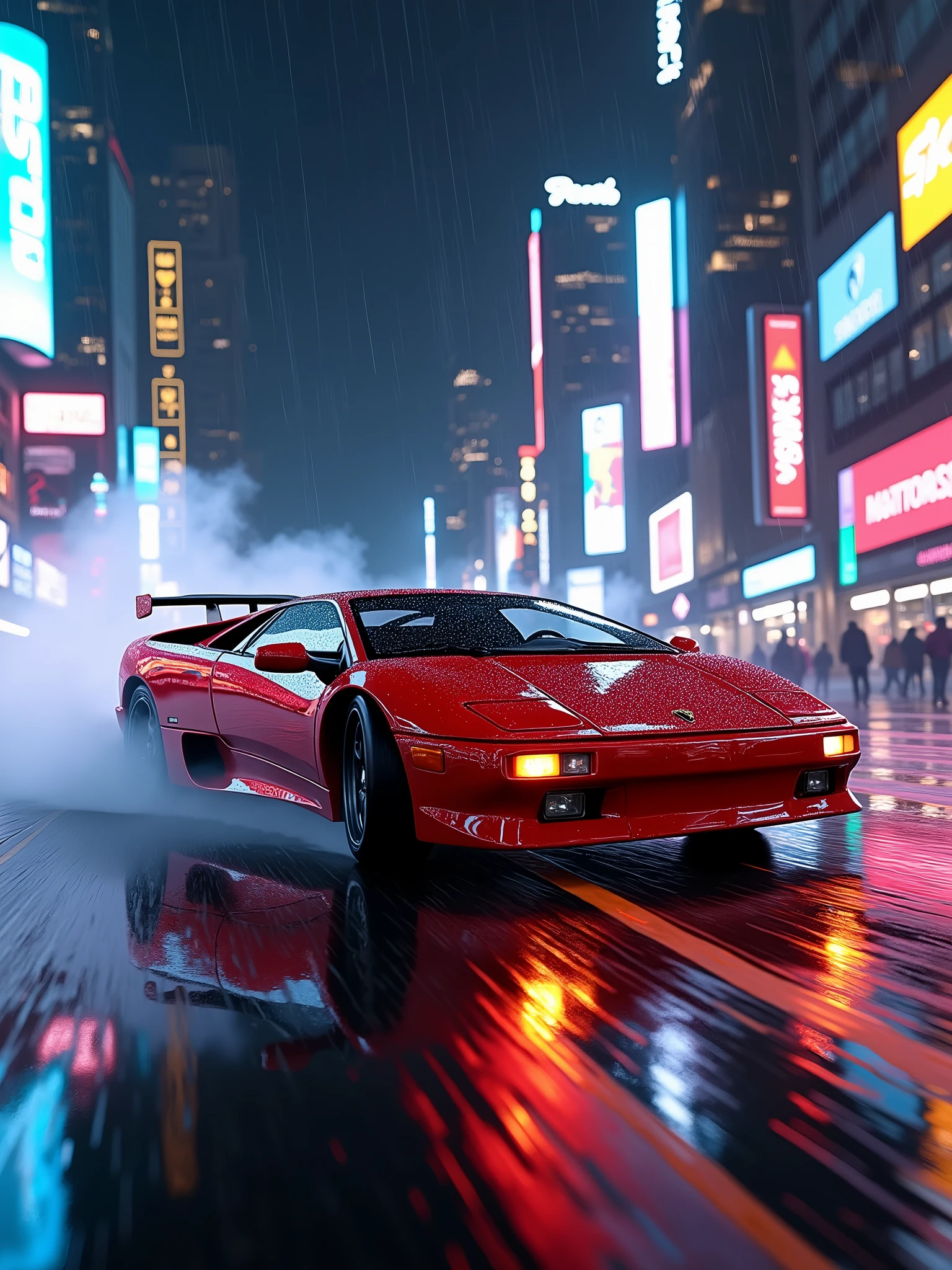 Lamborghini diablo sv drifting chase, action shot, high speed, night life, heavy rain, lens flare, intricate, elegant, highly detailed, realistic, concept art, matte, sharp focus, hearthstone
