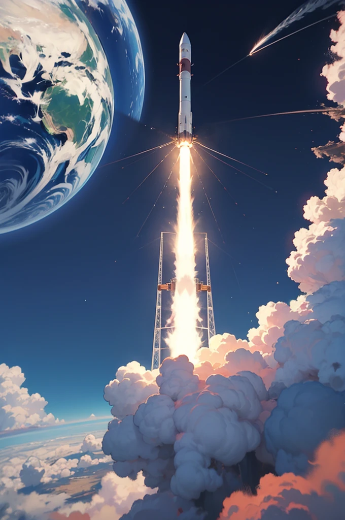 View of the rocket in orbit, with Earth on the background.high resolution,