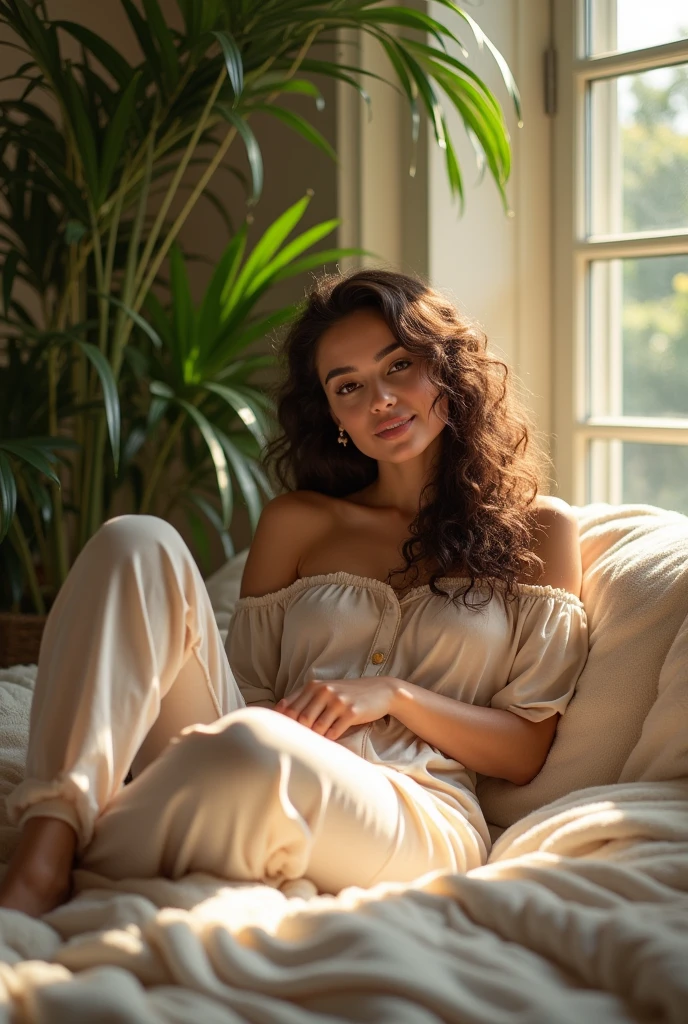 (photorealism:1.2), beautiful woman, sitting on bed, wearing loose off-shoulder top, pajama pants, long curly hair, indoors, soft lighting, plants in background, window with sunlight, cozy room, relaxed pose, realistic, intricate details, warm colors, by Greg Rutkowski, by Alphonse Mucha