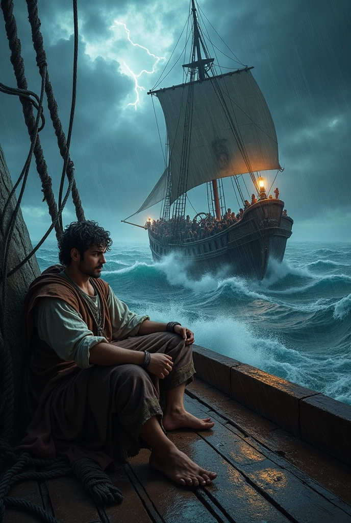 A realistic 1920 x 1080 horizontal image , There is an old-looking crew in the middle of the sea going through a strong storm, while the crew with faces of anguish try to control the ship, inside the ship, In the basement there is a man dressed in an ancient tunic, resting on the floor of the ship