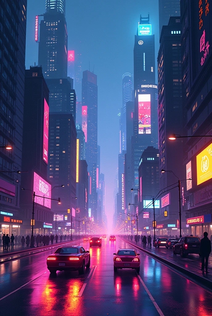 ((view from the top: 1.3, cyber punk: 1.2, Street: 1.1), 2D game style, Pixel art style, transparency, Powerful colors, Advertising lights, Animated roads and cars, Unique Charm! )