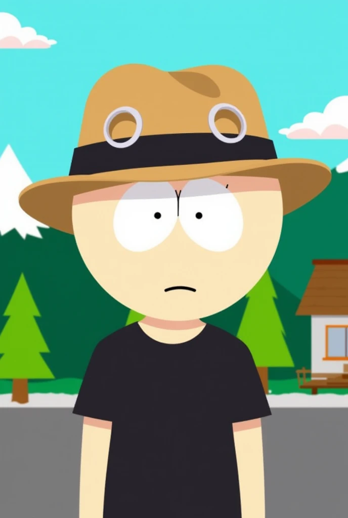 South Park character with beige sunhat with vents, in which there are iron rings around the holes, and a black t-shirt