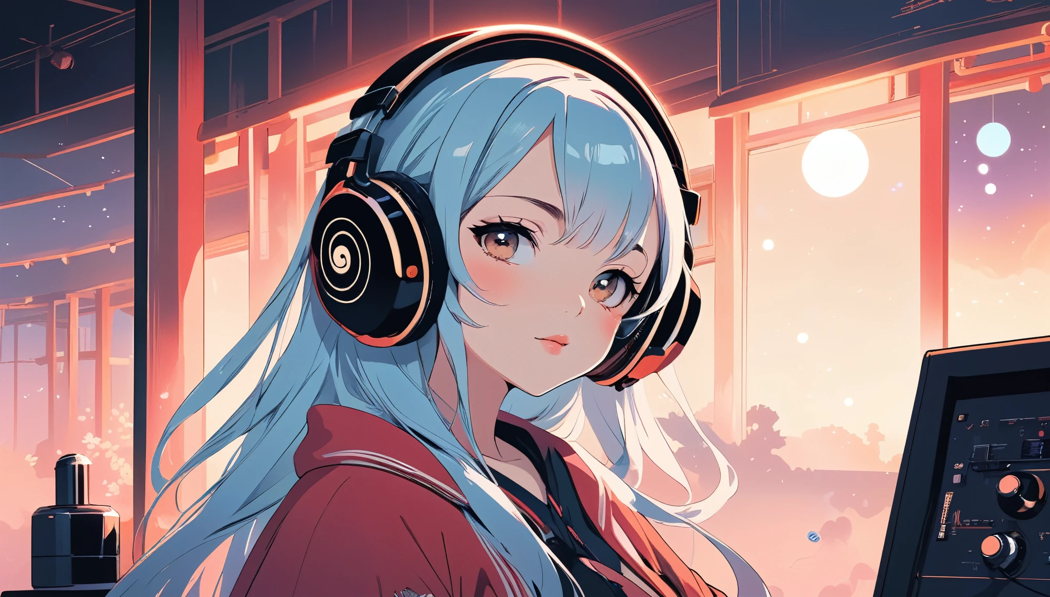 Sexy courtesan wearing Japanese style headphones、smoke tube、Wide-angle lens, Lofi Anime, Lofi illustration, Aesthetic atmosphere, Lo-Fi Style, Vector art, Flat Design, Simple shape, Warm tones, Pleasant atmosphere, Chill, In anime style, Digital drawing, Vector art, Vector logo for t-shirt printing, (Adorable:1.5), (small:1.4), (Playful:1.2), (soft:1.3), (Whimsical:1.1), masterpiece, Highest quality, 8k, Intricate details, grow, Celestial, Mysterious, Picturesque, amazing, Majestic, Magic, Fantasy art, Cover art, dream-like
