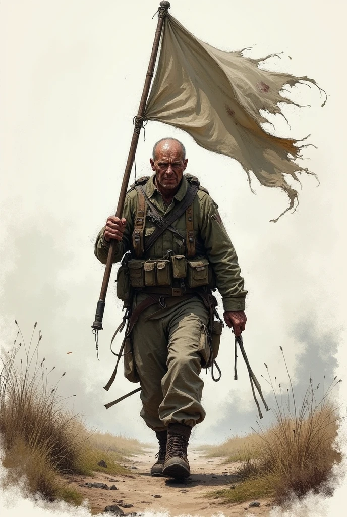 draw a picture of a soldier returning from the battlefield carrying a flag
Add some scar and blood
Use sketch style