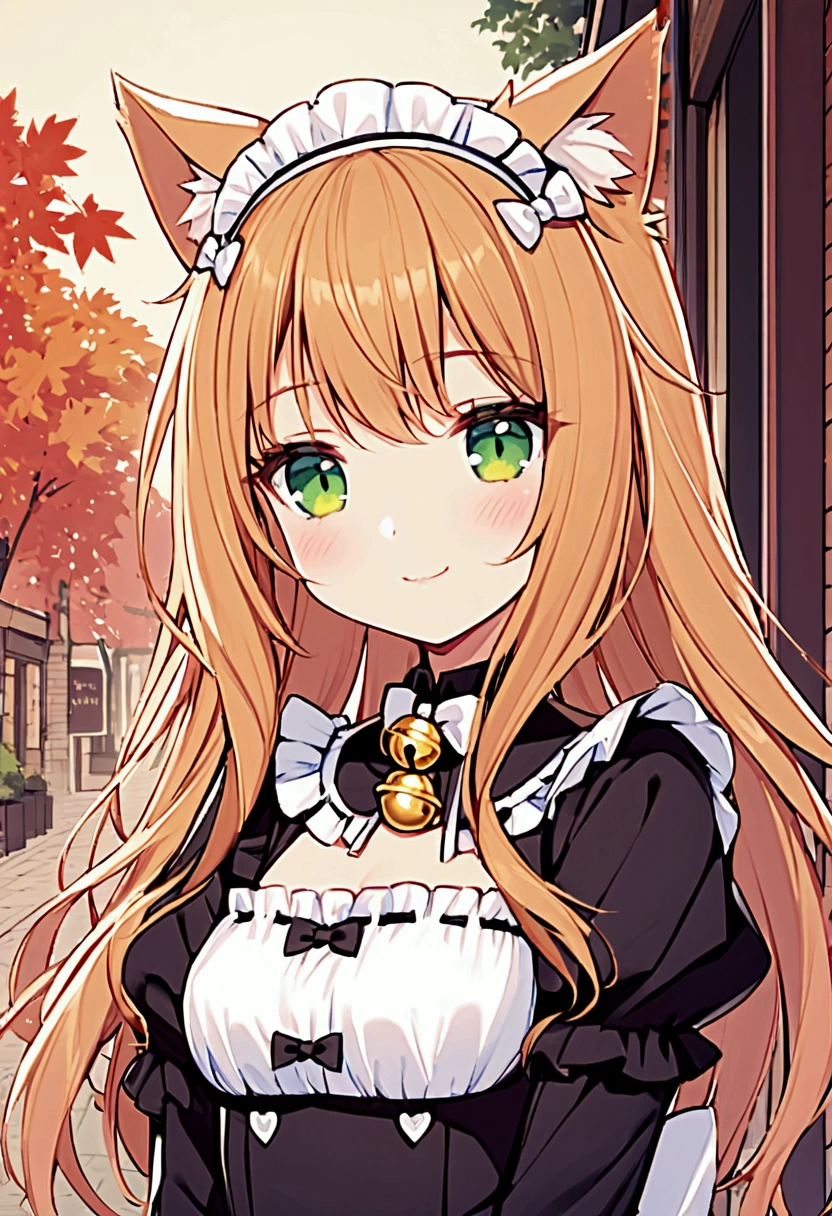 Maple, 1 girl with long ginger blonde hair, green eyes, cat ears, cat tail, maid uniform, soft smile, cafe on background, golden bell on neck, curled cat ears