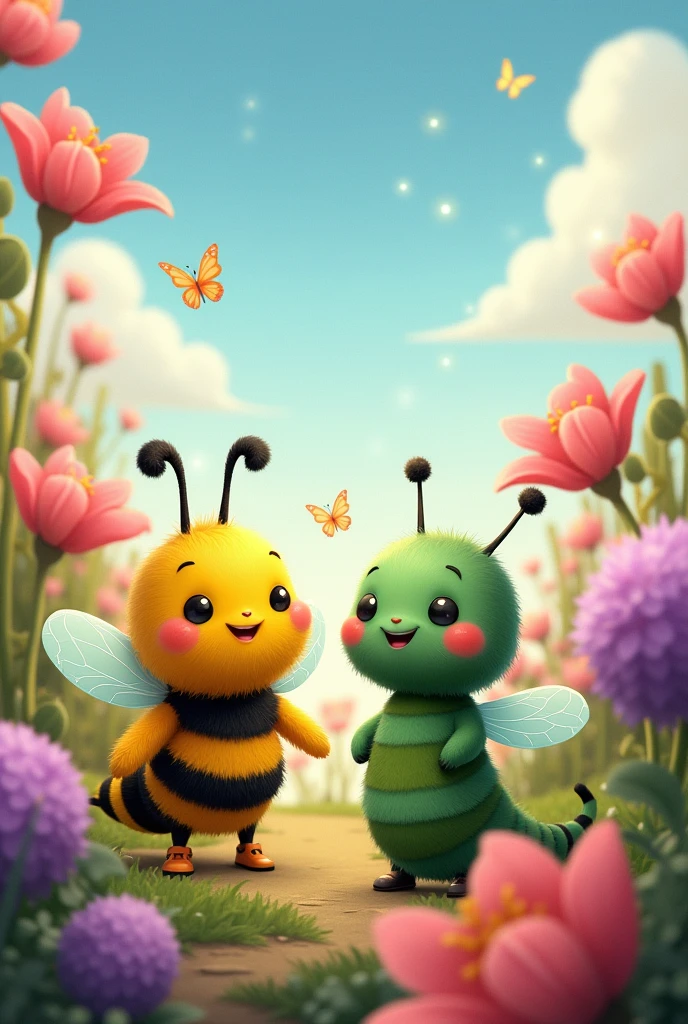 Cartoons for the story of a bee and a caterpillar
