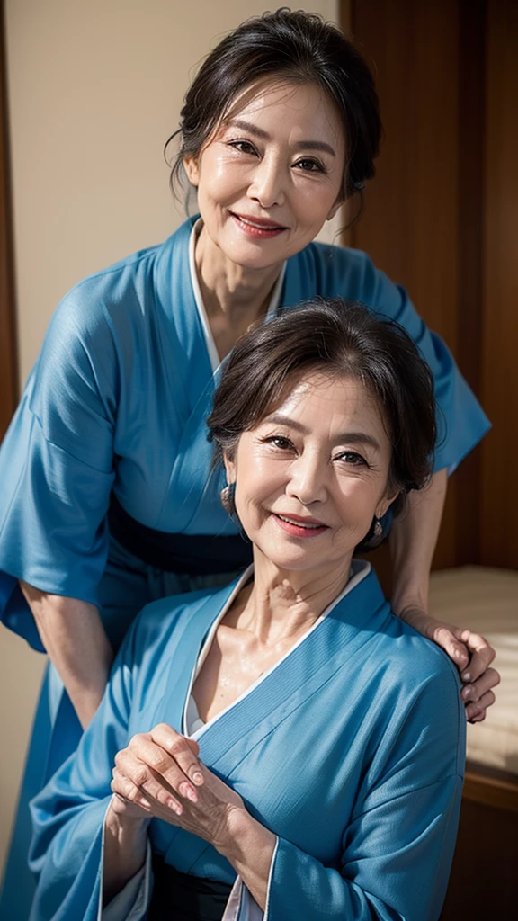 (masterpiece:1.4),(68-year-old woman:1.5),(facial wrinkles 1.2),Captivating smile, (Updo : 1.1), (Wearing a blue kimono), Motherhood Mature Woman