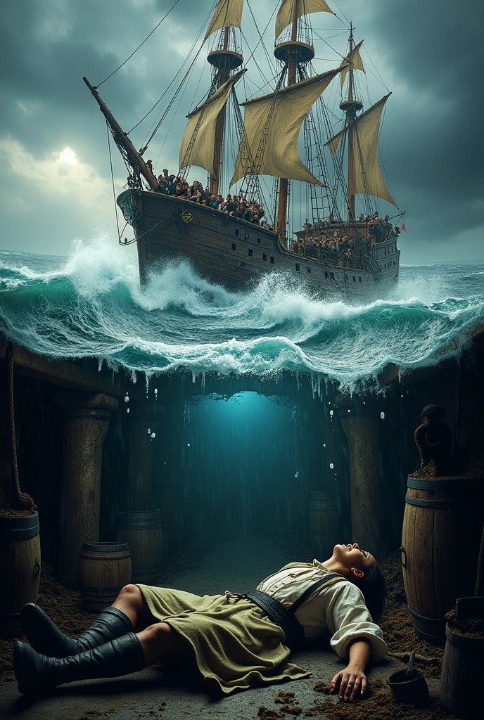 A realistic 1920 x 1080 horizontal image , There is an old-looking crew in the middle of the sea going through a strong storm, while the crew with faces of anguish try to control the ship, inside the ship, In the basement there is a man dressed in an ancient tunic, resting on the floor of the ship 