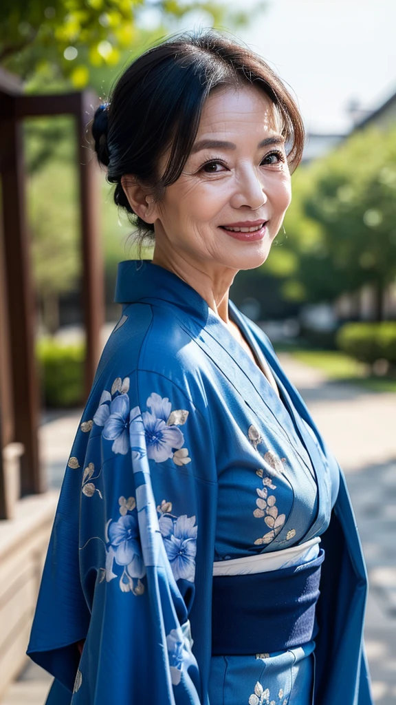 (masterpiece:1.4),(68-year-old woman:1.5),(facial wrinkles 1.2),Captivating smile, (Updo : 1.1), (Wearing a blue kimono), Motherhood Mature Woman
