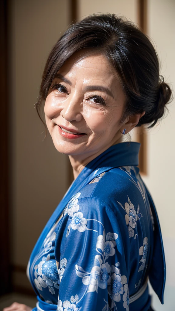 (masterpiece:1.4),(68-year-old woman:1.5),(facial wrinkles 1.2),Captivating smile, (Updo : 1.1), (Wearing a blue kimono), Motherhood Mature Woman