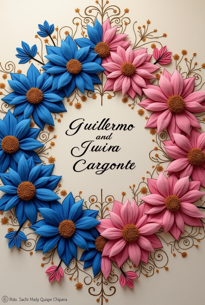 Mandala type, I want a sketch of blue pink flowers or some nice proposal to embroider with wool and by hand and half of it colored and the other half to follow the coloring only drawn on a square fabric, that the base is a nice color but by no means black And that in the center it says:
Guillermo and Juana Cargonte In honor of the Virgin of the Snows of Umamarca and finally say: Rdo. Sachi Mady Quispe Chipana