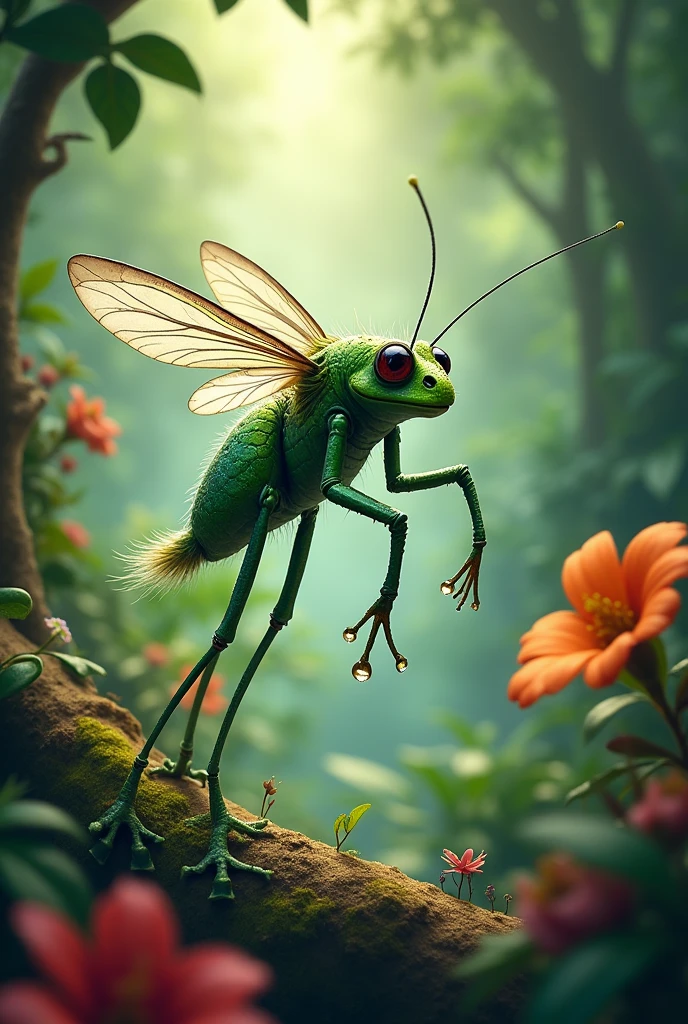A mosquito with frog legs, a snake head and a donkey's tail.