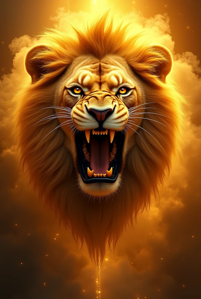 An angry lion's head in front of a fierce golden face with an open mouth