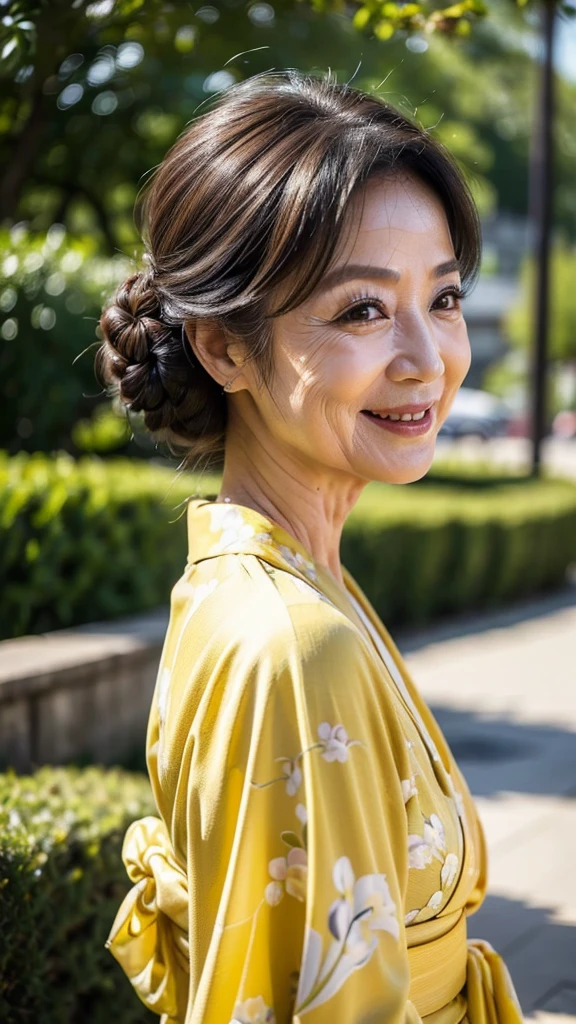 (masterpiece:1.4),(68-year-old woman:1.5),(facial wrinkles 1.2),Captivating smile, (Updo : 1.1), (Wearing a yellow kimono), Motherhood Mature Woman