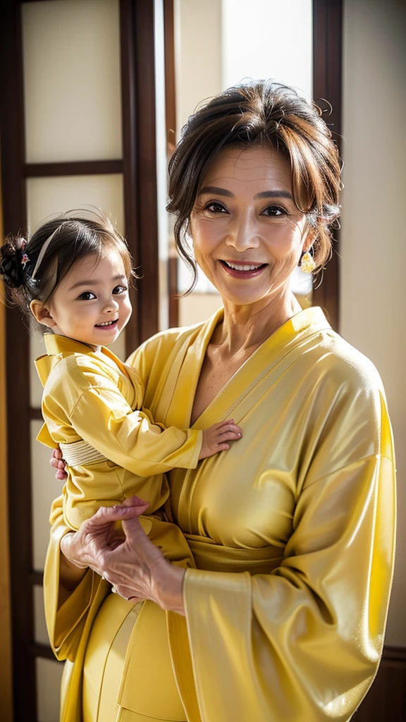 (masterpiece:1.4),(68-year-old woman:1.5),(facial wrinkles 1.2),Captivating smile, (Updo : 1.1), (Wearing a yellow kimono), Motherhood Mature Woman