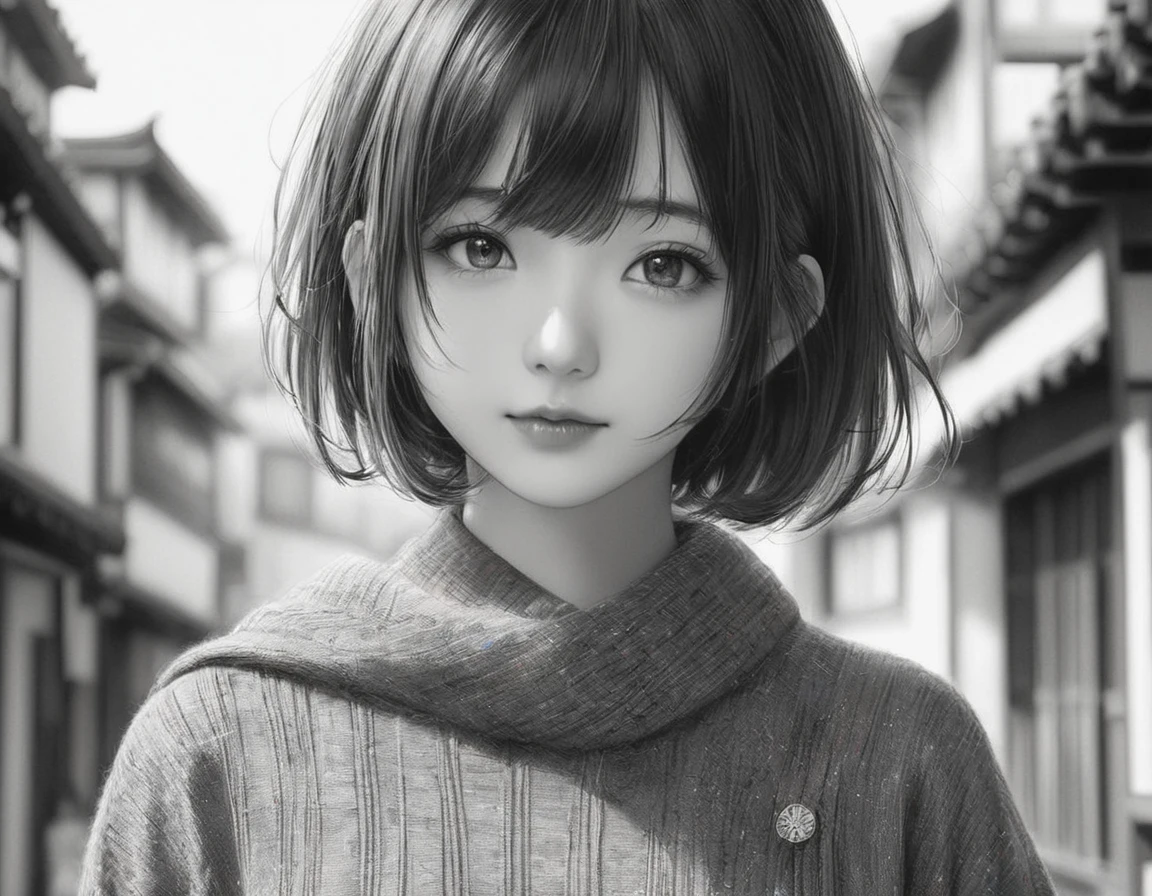 Realistic painting、Best image quality、Cute Japanese Girl、Beautiful Japan、1 person、(Miyu Ozono)18-year-old、Highly detailed faceと肌の質感、sophistication、Highly detailed face、beautiful girl、Short Hair、Black and white photography