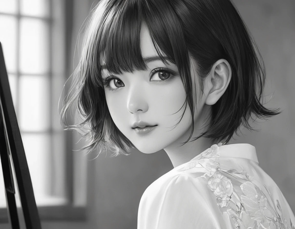 Realistic painting、Best image quality、Cute Japanese Girl、Beautiful Japan、1 person、(Miyu Ozono)18-year-old、Highly detailed faceと肌の質感、sophistication、Highly detailed face、beautiful girl、Short Hair、Black and white photography