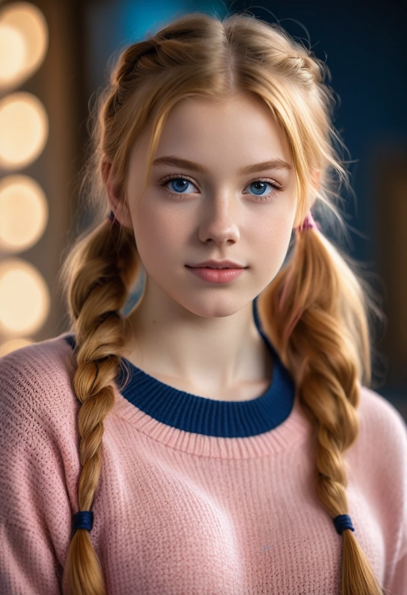 A young lady *********rs, with long strawberry blonde hair, wavy hair, tied in two pigtails. She is wearing a pink sweater, with blue jeans. Looking directly into the camera. She has tan skin and braces, constricted pupils, parted lips, large breasts, perfect lips, perfect nose, Hyperrealism, cinematic lighting, jpeg artifacts, bust chart, close-up view, bokeh, textured skin, UHD, best quality, masterpiece, high details