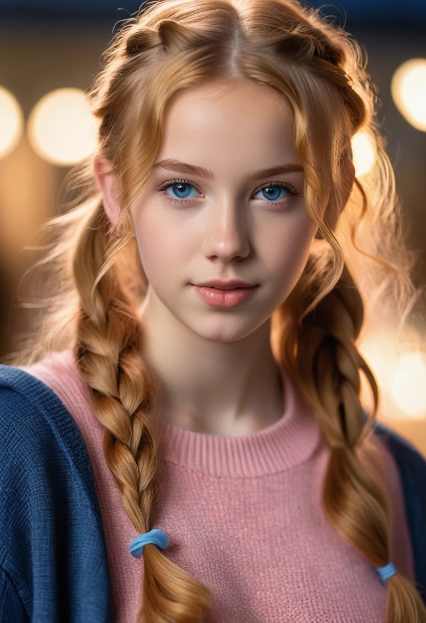 A young lady rs, with long strawberry blonde hair, wavy hair, tied in two pigtails. She is wearing a pink sweater, with blue jeans. Looking directly into the camera. She has tan skin and braces, constricted pupils, parted lips, large breasts, perfect lips, perfect nose, Hyperrealism, cinematic lighting, jpeg artifacts, bust chart, close-up view, bokeh, textured skin, UHD, best quality, masterpiece, high details