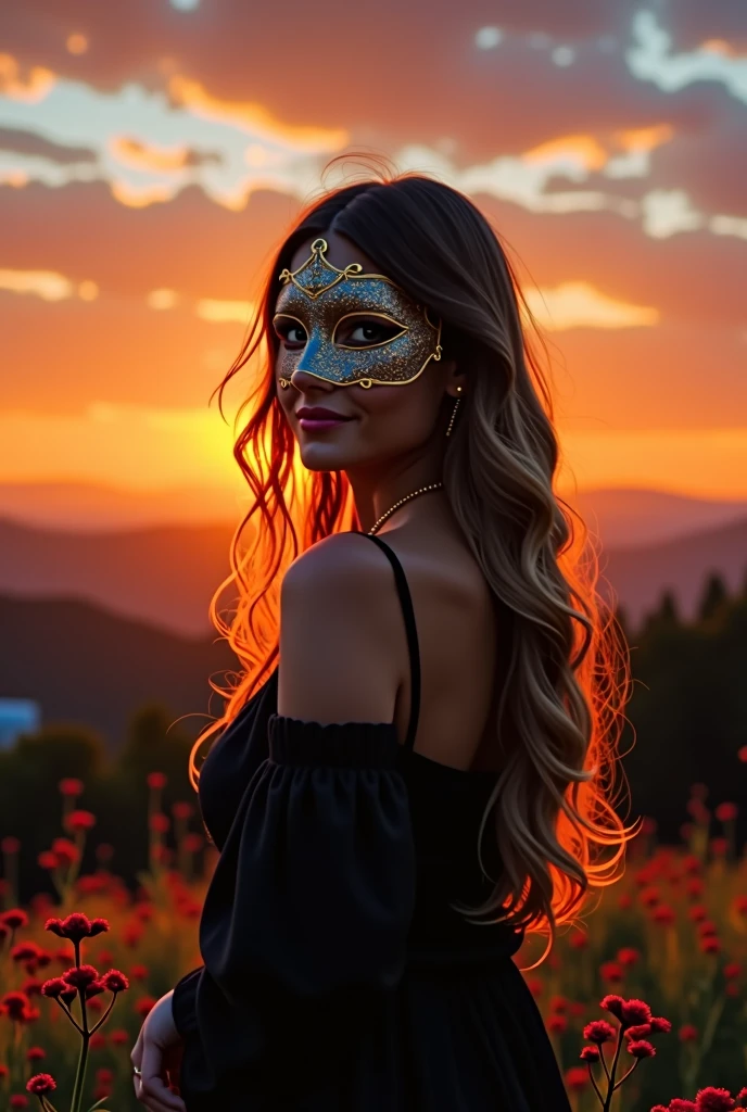 One person, mask, Long Hair, smile, Back view,