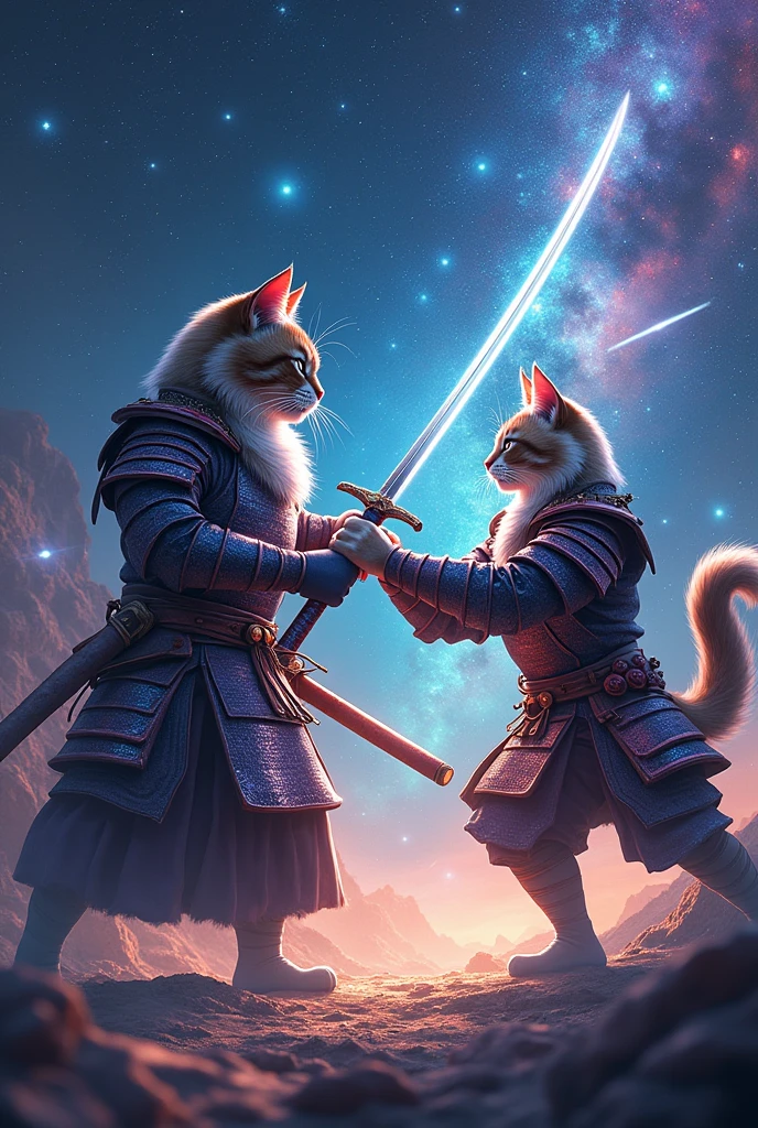 As a samurai cat Now asl9 fighting with another samurai cat in space